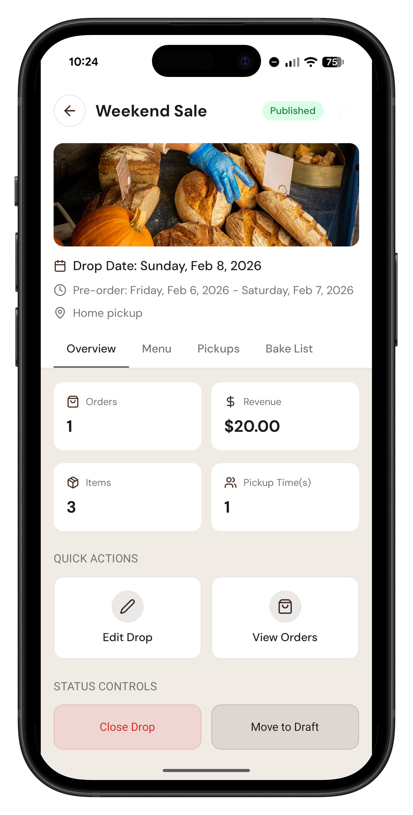 Drop view on mobile with drop details