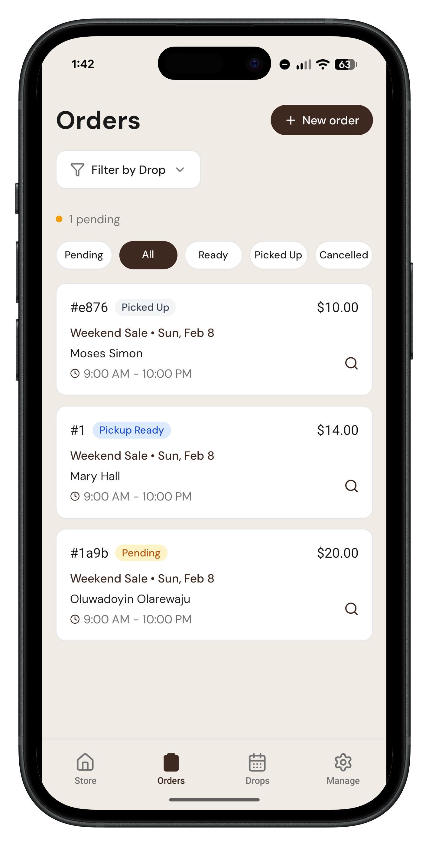 Orders list on mobile
